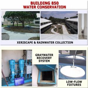 Xeriscaping, rainwater collection, a graywater recovery system, and low-flow fixtures--represented in these photographs--help to conserve water in and around Building 850. - Photo Credit: CTG Energetics, Inc.