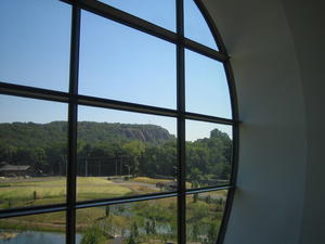 East Rock is visible through the building's lobby window in this photograph. - Photo Credit: © Steven Holl Architects