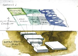 This watercolor painting describes the water treatment process. - Photo Credit: © Steven Holl Architects