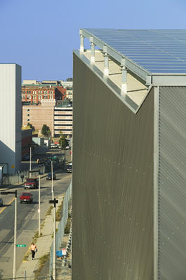 This photograph of the roof shows the photovoltaic array. - Photo Credit: Richard Mandelkorn