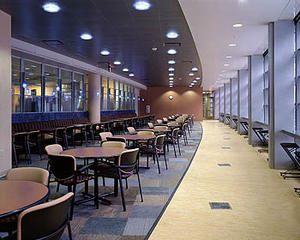 The employee cafeteria, shown in this photo, features recycled linoleum and carpet finishes. - Photo Credit: Massery Photography, Inc.--L.D. Astorino Companies