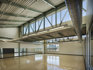 Dance Studio lit from above, windows, clerestory and corridor - Photo Credit: Barry Halkin, Halkin Photography