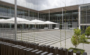 The shaded outdoor dining area on the southwest side of the building, shown in this photo, extends the usable space of the building into the outdoors. - Photo Credit: Paul Crosby