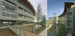 Pedestrian paths, like those shown in these two photos, connect the building to the constructed wetland that surrounds it. - Photo Credit: Timothy Hursley