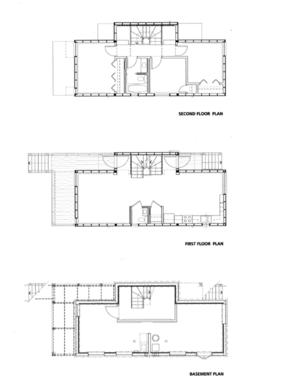 These drawings represent F10's first and second floors, as well as its basement. The open 1,234-ft2 floor plan enhances cross ventilation. A solar chimney is incorporated into the stairwell of the home. - Photo Credit: Esherick Homsey Dodge & Davis
