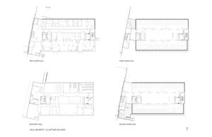 These drawings show the floor plans for the building's basement as well as its three above-ground floors. - Photo Credit: © KieranTimberlake Associates