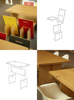 This photo shows the "Ballard Collection" furniture, designed by Bohlin Cywinski Jackson. These tables and chairs were shipped flat and require no hardware fasteners. - Photo Credit: Bohlin Cywinski Jackson