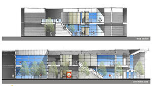 This architectural section shows the association between the main entrance and second floor connection zone. - Photo Credit: Integrated Architecture