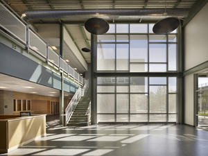 Fritted glass, sunshades, wheatboard were specified throughout - Photo Credit: Barry Halkin, Halkin Photography