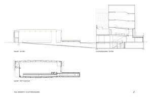 These drawings show the building's north-south section and the floor plan for the gallery. - Photo Credit: © KieranTimberlake Associates