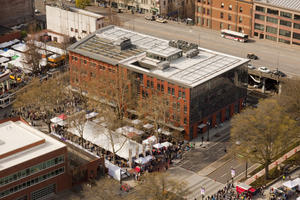 Aerial view of Mercy Corps with Saturday Market - Photo Credit: Bruce Forster