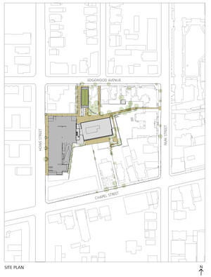This site plan shows the building's location relative to surrounding buildings. - Photo Credit: © KieranTimberlake Associates